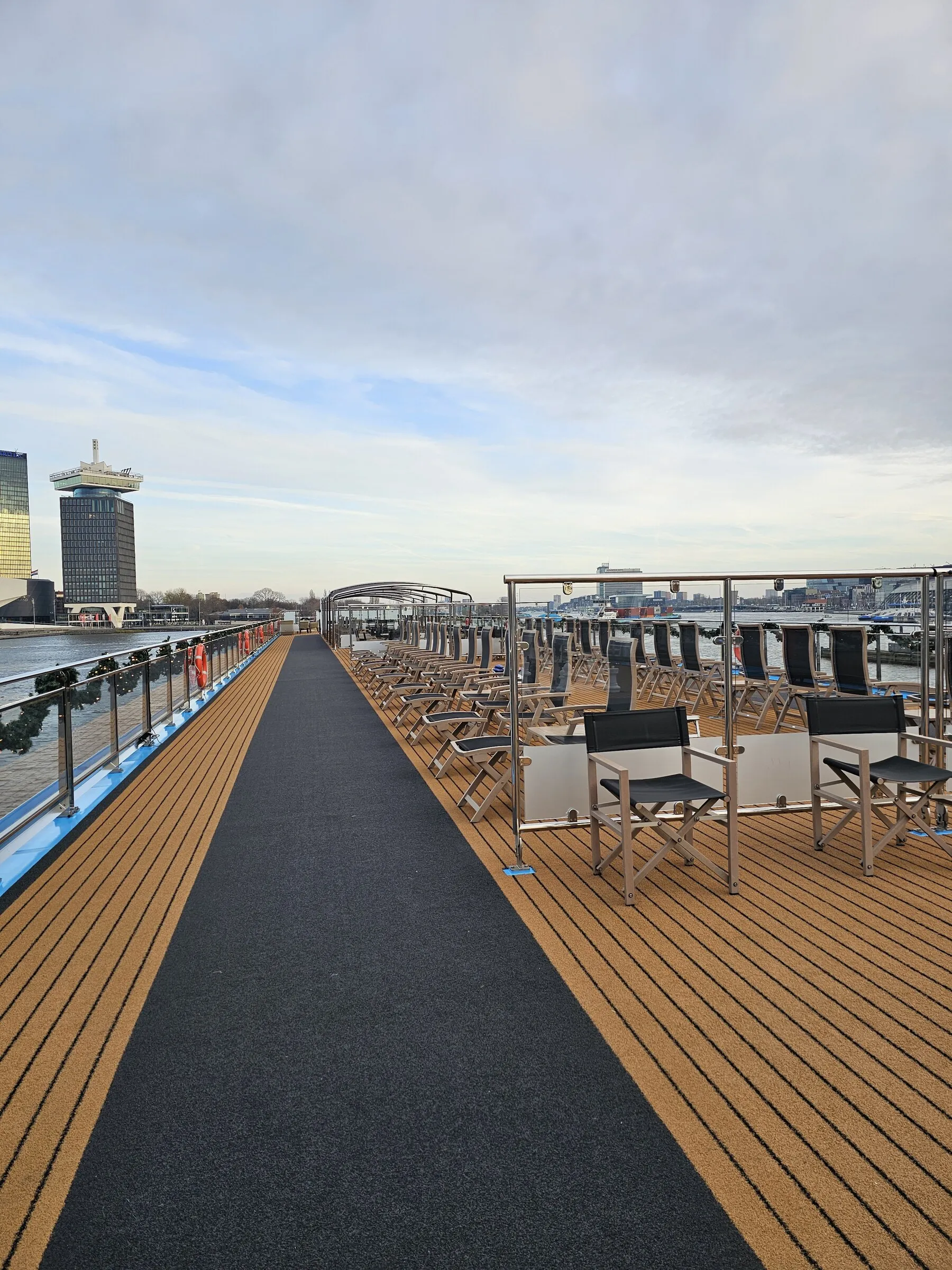 The quiet upper deck of AmaSiena in Amsterdam